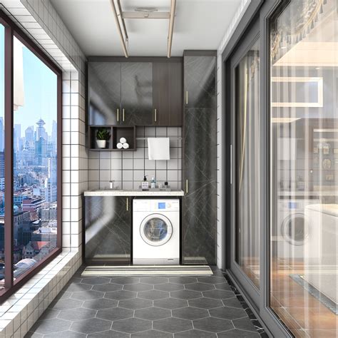洗衣机设计在阳台的洗手台位置，用棕色小方砖做出的洗手台备显大气_装修美图-新浪家居