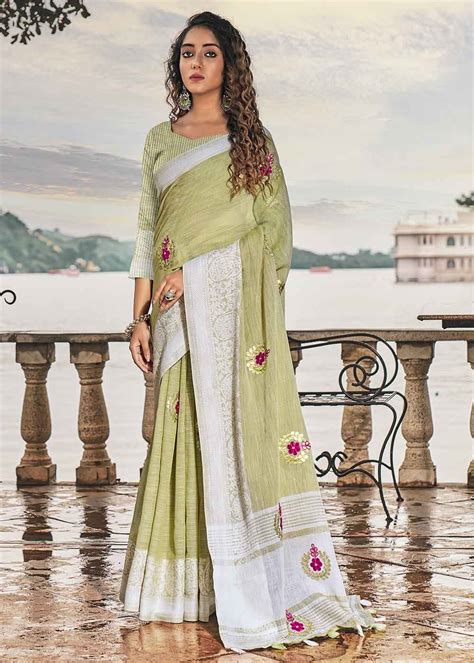 Buy Misty Green Zari Woven Soft Linen Silk Saree Online - MySilkLove