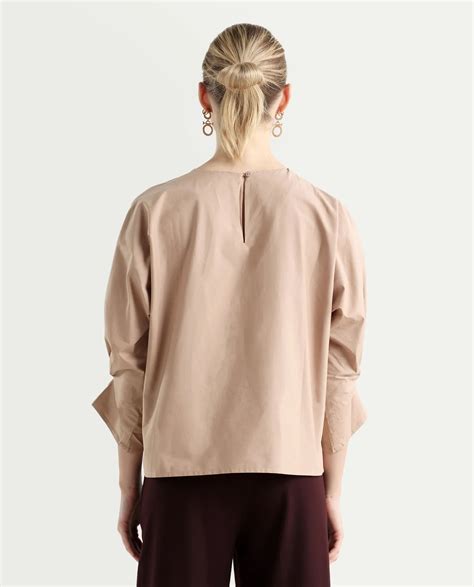 Rareism Women's Niloc - Beige Cotton Blend Crew Neck Plain Fashion Sle