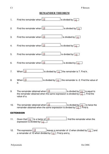 Image result for Printable Worksheet Applications of Remainder Theorem
