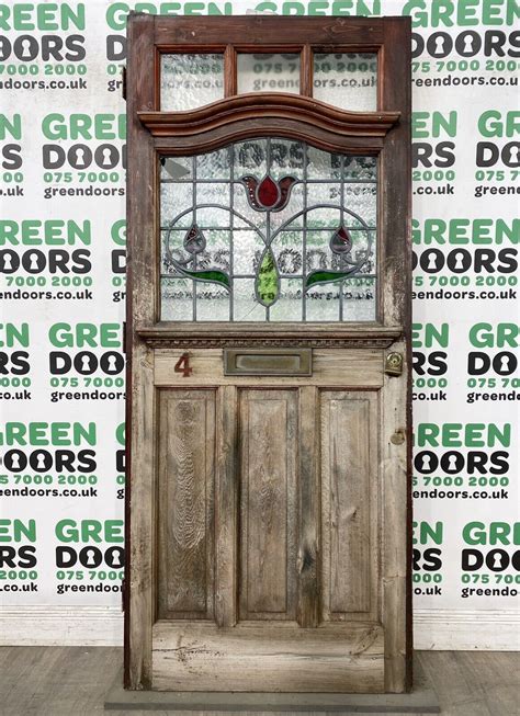 Antique Front Door with Stained Leaded Glass | Green doors