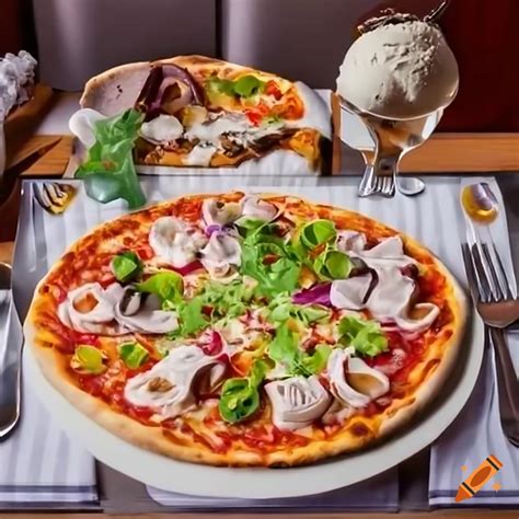 Spicy food pizza and ice cream with salad decoration on a dining room ...