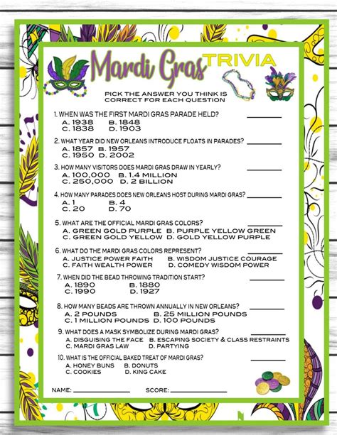 Mardi Gras Trivia Game, Party Game, Instant Download, Printable or ...