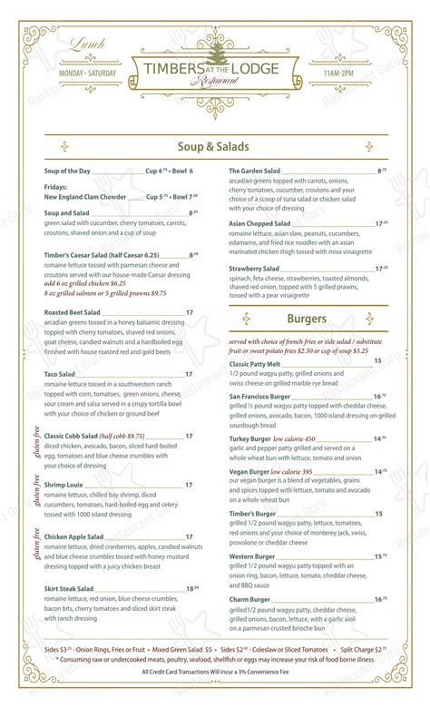 Menu at Timbers At the Lodge restaurant, Roseville