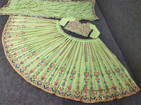 Trending green color designer mirror work lehenga choli buy now – Joshindia