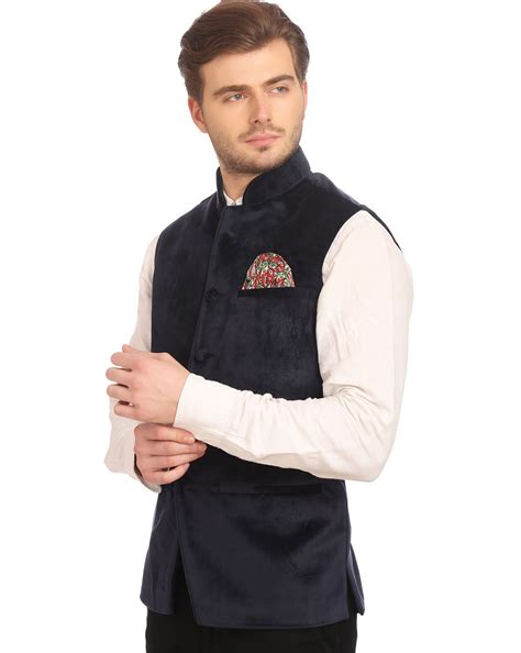 Buy Navy Blue WINTAGE Solid Waistcoat with Madarin Collar | AJIO
