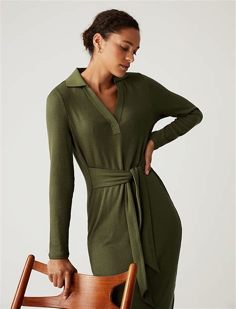 Buy Ribbed V-Neck Tie Front Midi Column Dress at Marks & Spencer