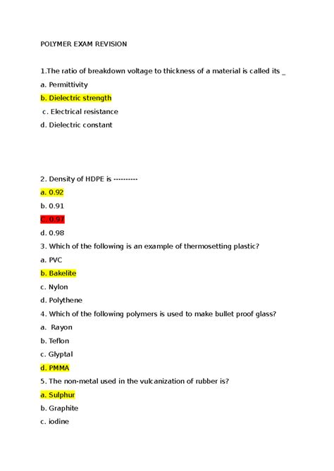Polymer EXAM Revision - POLYMER EXAM REVISION 1 ratio of breakdown ...