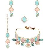 ZAVERI PEARLS Turquoise Blue Pink Stones Beads Choker Necklace Earring ...