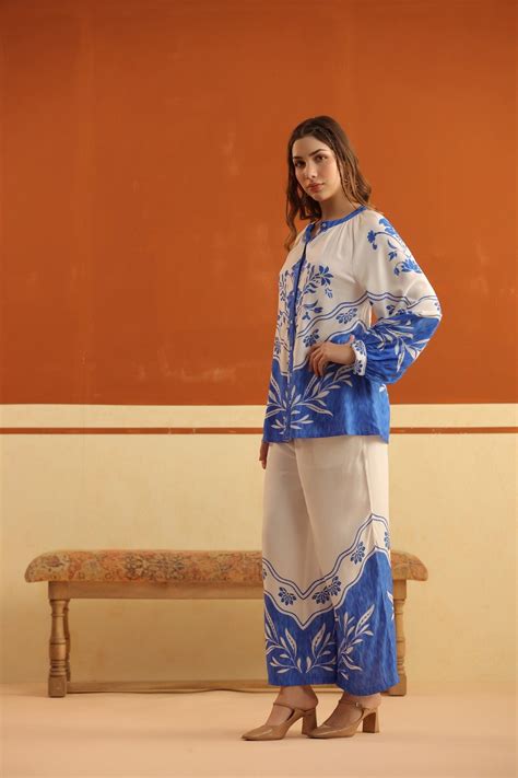 White & Blue Printed Viscose Santoon Shirt & Pant Co-Ord Set for Women ...