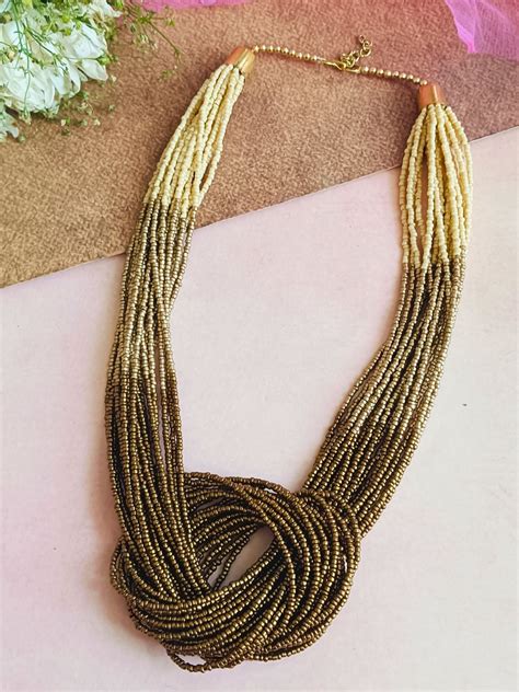 Boho Beaded Necklace with three color punch (Brown) – Cippele