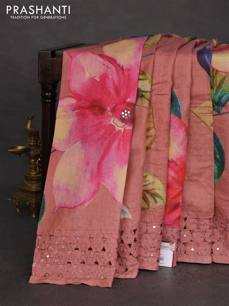 Pure tussar silk saree peach shade with floral digital prints and cut ...