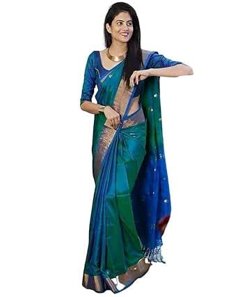 Buy NK Textiles Women's Butti Woven Royal Blue & Green Coloured ...