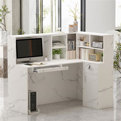 Buy 55.9 in. L Shaped Marble Wood Reception Desk Computer Desk with ...