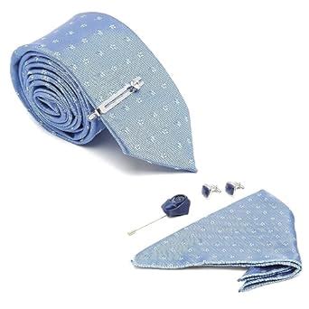 Buy MUTAQINOTI Mens Blue Silk Necktie Set Incl Pocket Square Cufflinks ...