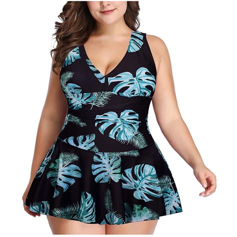WREESH Womens Plus Size Swim Dress Plus Size Fashion Print Swimsuit ...