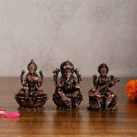 Buy Set of Three Pure Copper Idols - Ganesha, Lakshmi, Saraswati | 3 ...