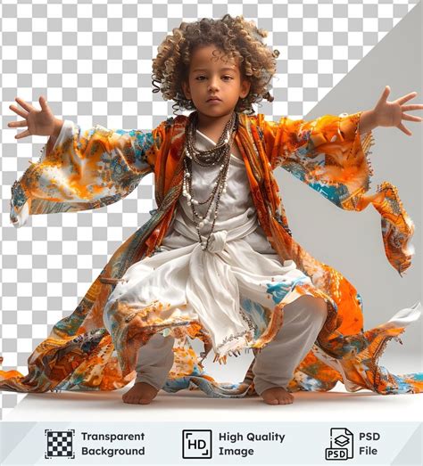 Child in flowing orange robe poses gracefully for transparent image and ...