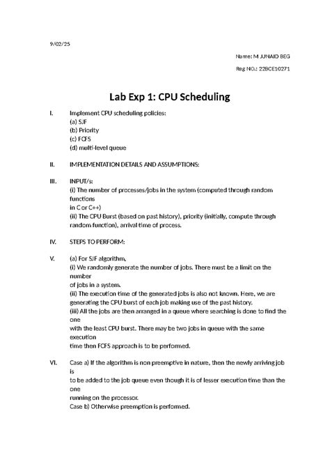 Lab Exp 1 CPU Scheduling - 9/02/ Name: M JUNAID BEG Reg NO.: 22BCE Lab ...