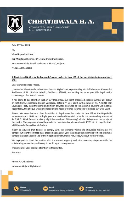 Kauser 138 notice 1 - Date 25th Jan 2024 To, Vishal Rajendra Prasad 902 ...