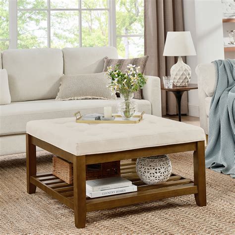 Lark Manor Upholstered Coffee Table Tufted Linen Large Square Ottoman ...