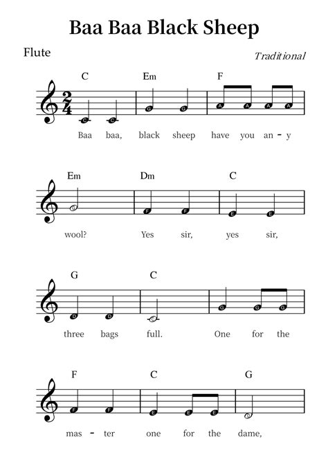 Baa Baa Black Sheep – Easy Flute Sheet Music (Beginner Level) (arr ...
