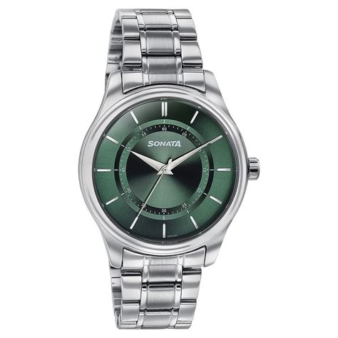 Buy Online Sonata Quartz Analog Green Dial Silver Stainless Steel Strap ...