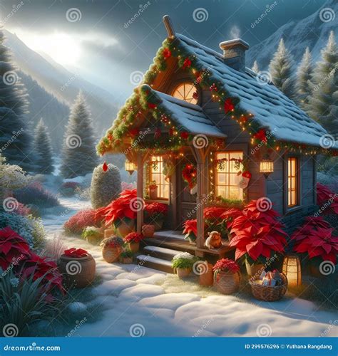 Christmas House with Poinsettia Plants Outside in the Yard. Stock Photo ...
