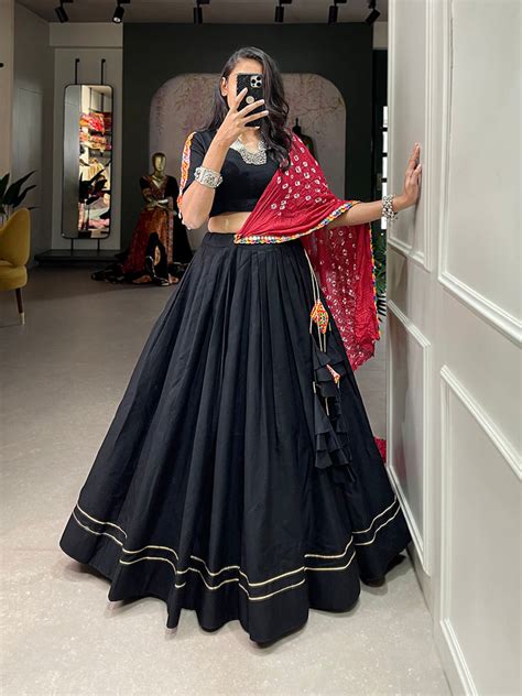 Black Color Plain With Gotta Patti Lace Border Cotton Leheng