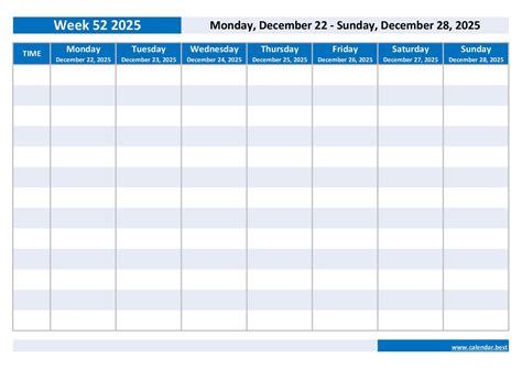 Week 52 2025: dates, calendar and weekly schedule to print