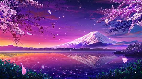 Wiosna, Grafika, Jezioro, Japonia, Zachód słońca,