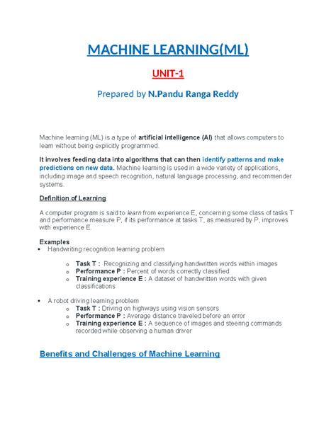IT-ML-UNIT-1- Final Notes on Machine Learning Concepts - Studocu