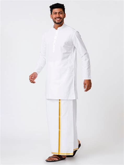 Mens Cotton Full Sleeve White Medium Kurta with 3/4" Gold Jari Dhoti ...