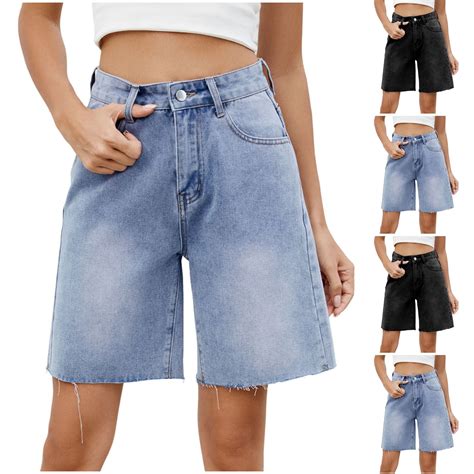 Miluxas Denim Shorts for Women High Waisted Classic Casual Long Jean ...