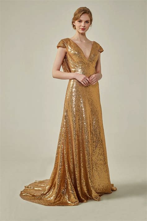 Metallic V-Neck Gold Sequined Cowl Back Bridesmaid Dress | Bridesmaid dresses, Dress, Dresses ...