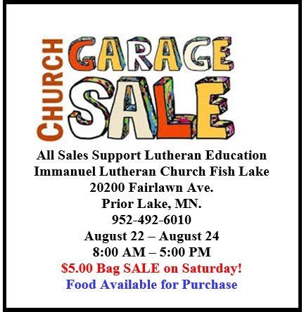 Immanuel Lutheran Church Garage Sale, Fish Lake Immanuel Lutheran ...