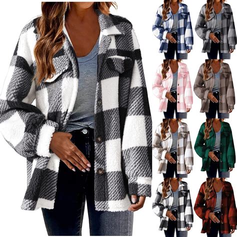 Sherpa Plaid Jackets for Women,Fleece Shackets for Women Long Sleeve ...