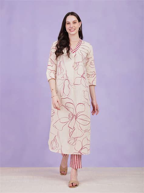 BuyWhite & Red Cotton Floral & Striped Kurta Set Online | Pink Fort ...
