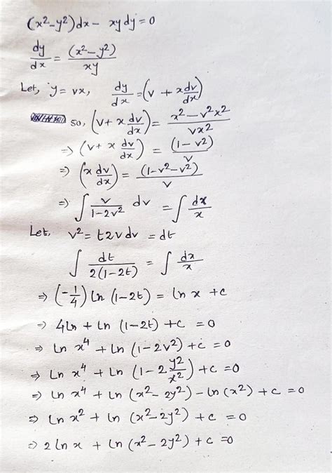 Solve (x²-y²)dx-xy dy = 0 - Brainly.in
