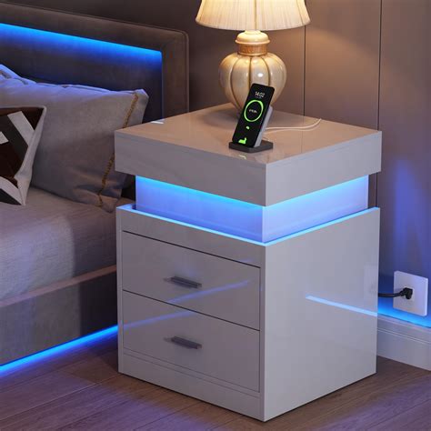 Amazon.com: White Nightstand LED Bedside Table for Bedroom Modern Night ...