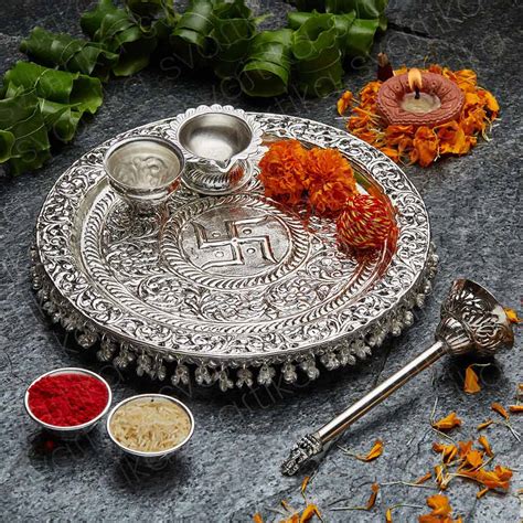 Swastik Engraved Pooja Thali -Silver Plated (10 Inch)
