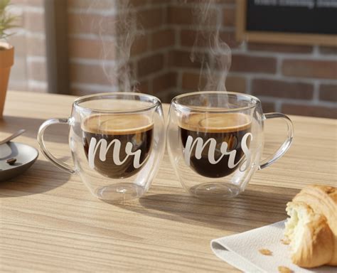 Mr & Mrs Glass Mug – Double Wall Insulated Clear Cup – The Umbrella store