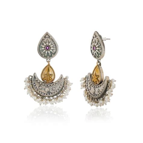 Buy Silver & Gold Toned Oxidised Chandbali Earrings With White Small ...