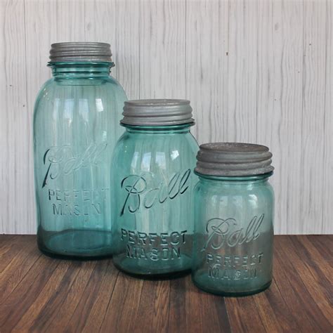 Vintage Blue Glass Ball Mason Jar Set of 3 with Tin Lids No Line Logo ...