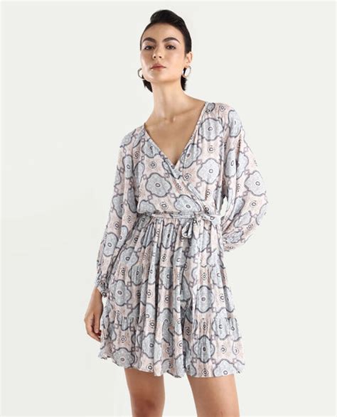 Rareism Women's Mage-Light Blue Rayon Overlap Neck Abstract Print Ragl