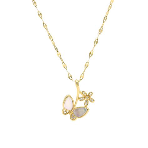 Gold Plated Mother of Pearl Butterfly With Flower Pendant of Glitter C ...