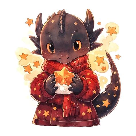 Cute christmas black dragon with star in watercolor style on white ...