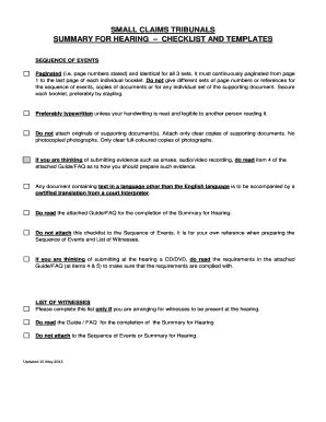 Fillable Online SMALL CLAIMS TRIBUNALS SUMMARY FOR HEARING CHECKLIST ...