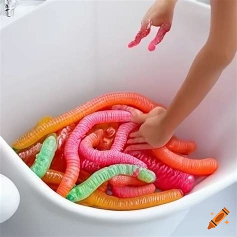 Clawfoot bathtub filled with giant gummy worms on Craiyon