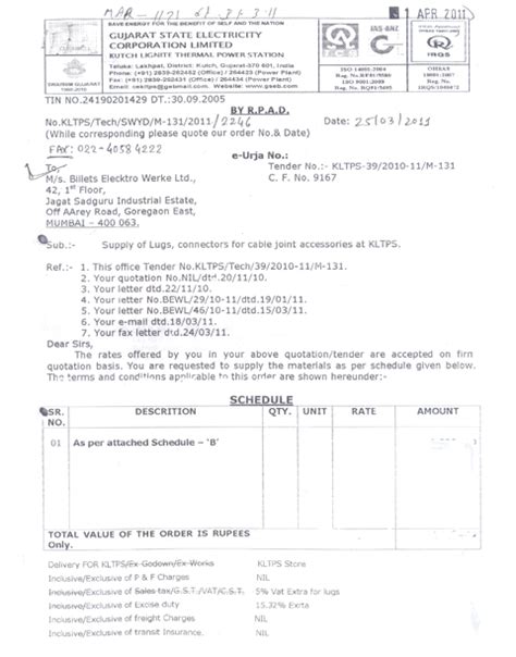 Approvals of Billets Elektro Werke Ltd.